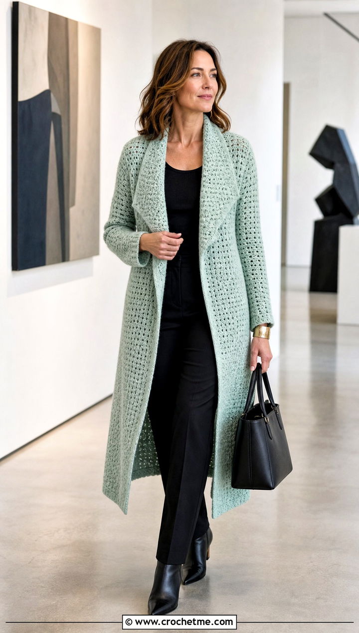 Longline Crochet Jacket With Shawl Collar And Monochrome Basics - 25 Crochet Jacket With Collar outfit ideas