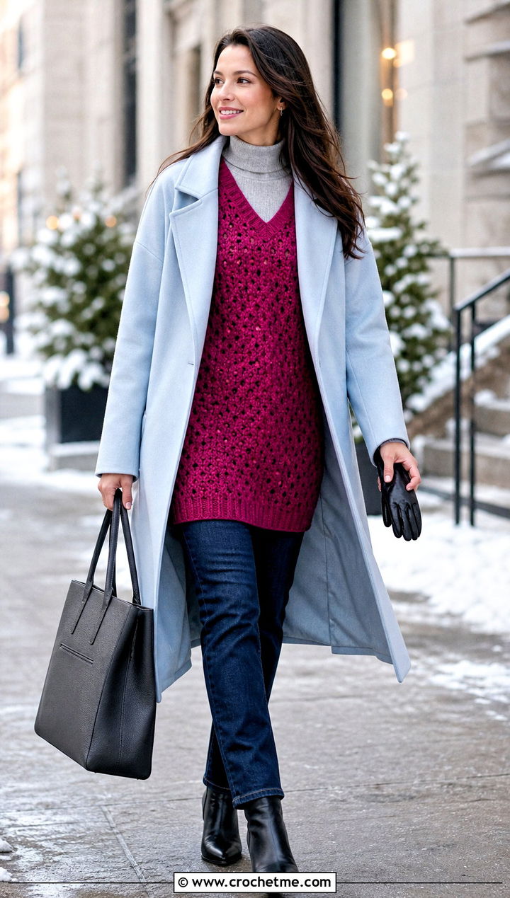 Longline Crochet Jumper With Belted Coat And Jeans - 25 Cute Crochet Jumper outfit ideas