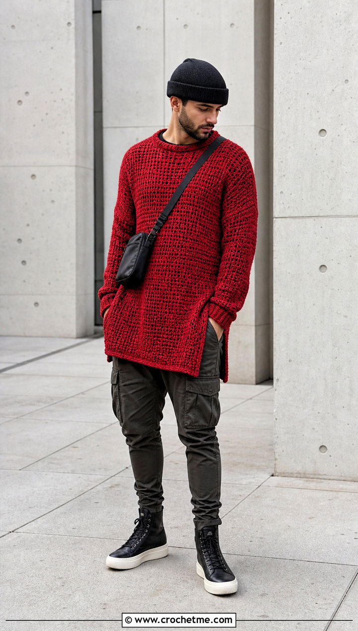 Longline Crochet Jumper With Slim Cargo Pants - 35 men crochet jumper outfit ideas