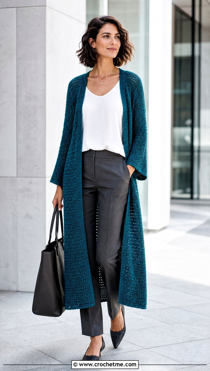 Longline Crochet Kimono Cardigan With Tailored Trousers - 35 crochet kimono cardigan outfit ideas