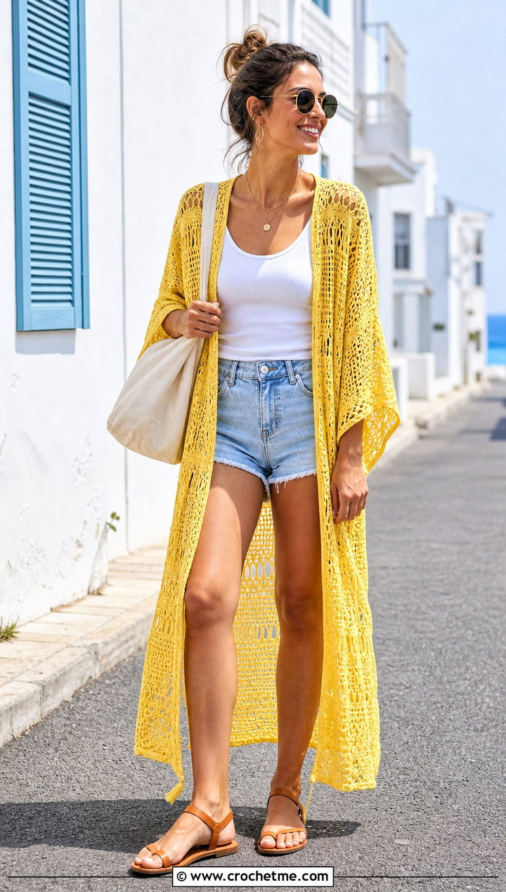 Longline Crochet Kimono With Denim Shorts - 25 easy crochet kimono outfit ideas