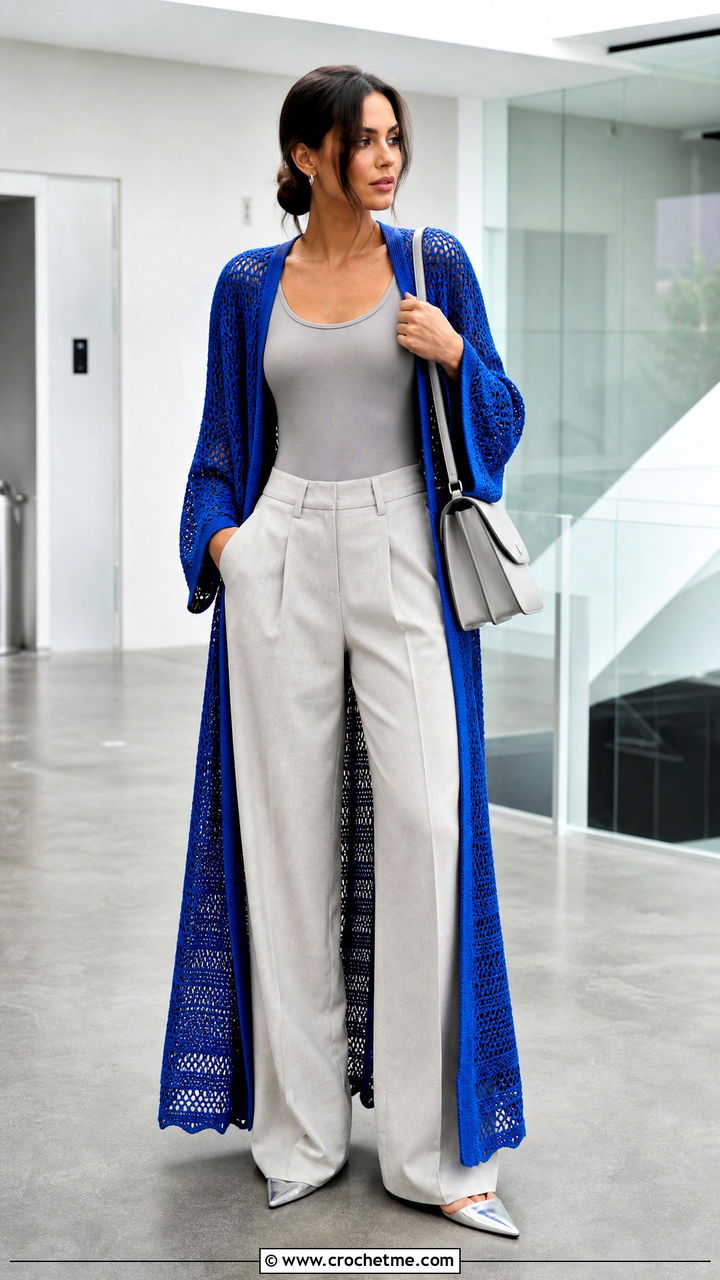 Longline Crochet Kimono With Wide Leg Trousers - 35 crochet kimono outfit ideas