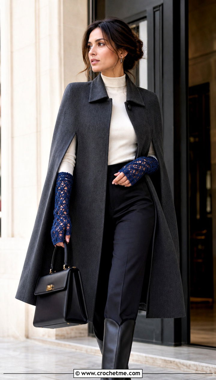 Longline Crochet Lace Gauntlets With Cape Coat And Trousers - 30 crochet lace gloves outfit ideas