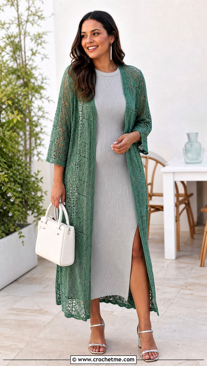 Longline Crochet Lace Kimono With Ribbed Midi Dress - 25 crochet lace kimono outfit ideas