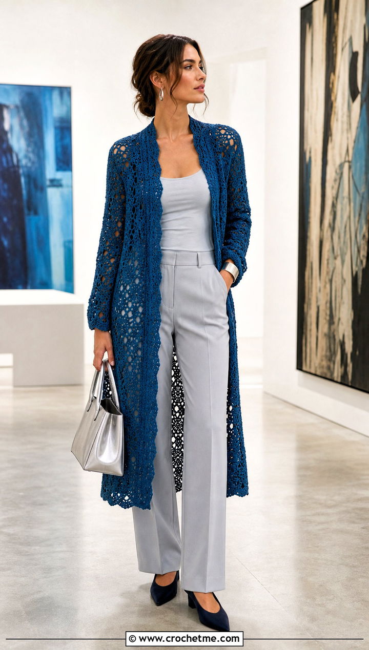 Longline Crochet Lacy Sweater With Monochrome Basics - 25 crochet lacy sweater outfit ideas