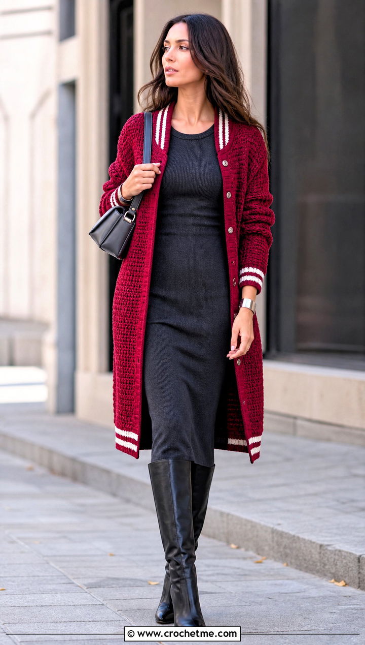 Longline Crochet Letterman Jacket With Knit Column Dress - 30 crochet letterman jacket outfit ideas