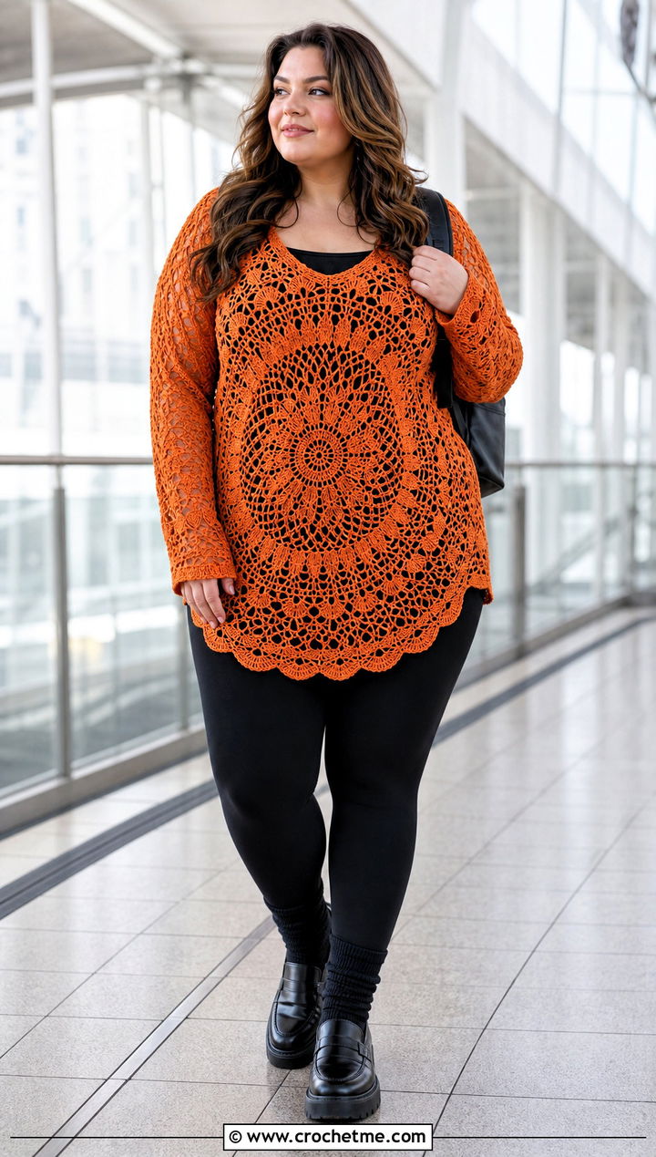 Longline Crochet Mandala Top With Leggings - 35 crochet mandala top outfit ideas