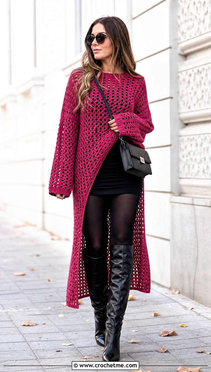 Longline Crochet Mesh Sweater Over A Mini Dress - 35 oversized crochet mesh sweater outfit ideas