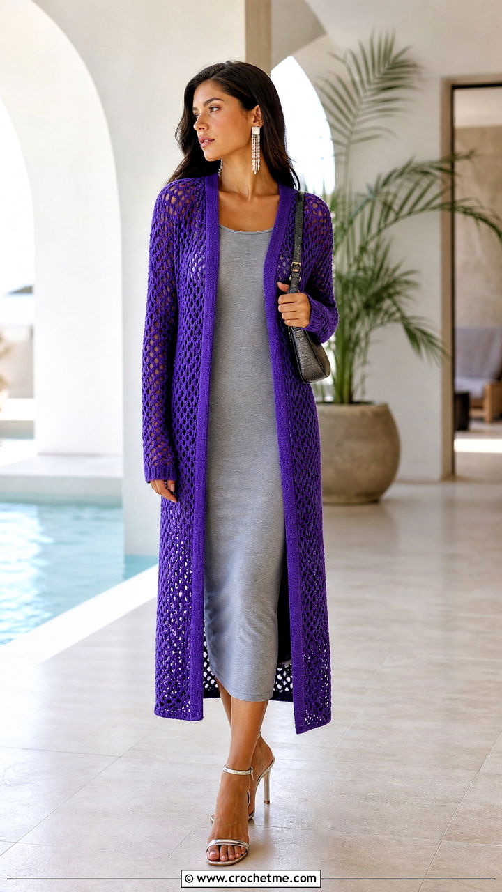 Longline Crochet Mesh Sweater With Column Dress - 35 crochet mesh sweater outfit ideas