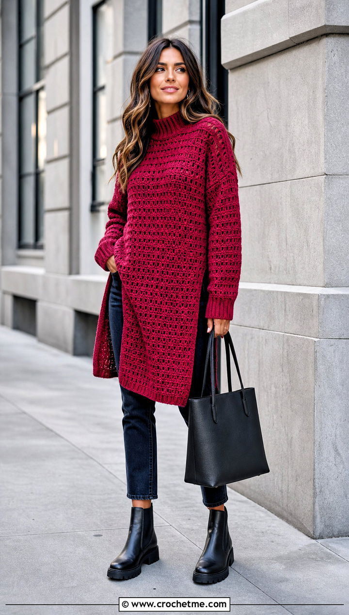 Longline Crochet Mock Neck Sweater With Slim Jeans - 25 Crochet Mock Neck Sweater outfit ideas