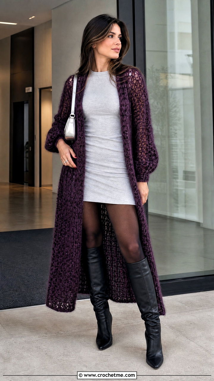 Longline Crochet Mohair Cardigan With Mini Dress - 35 crochet mohair cardigan outfit ideas