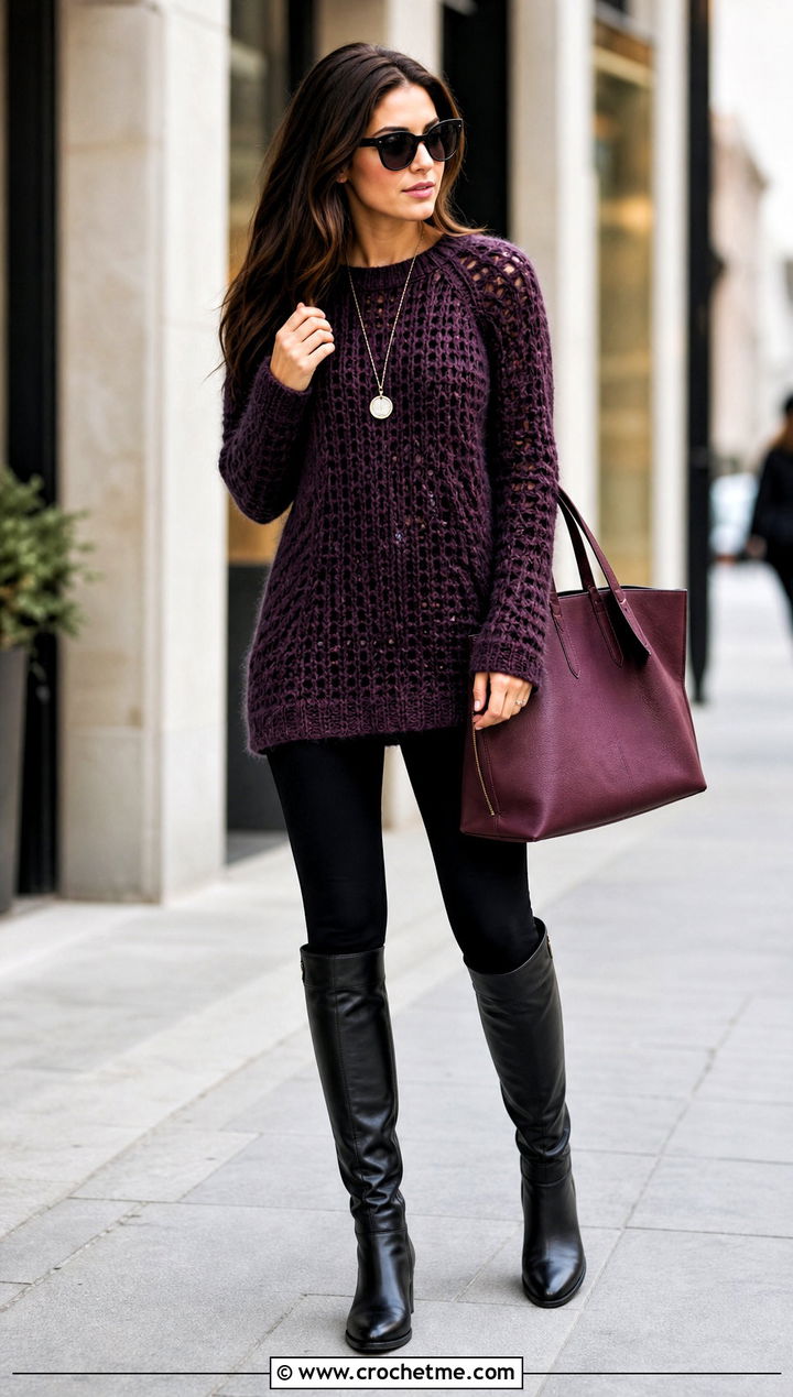 Longline Crochet Mohair Raglan Sweater With Leggings And Boots - 15 Crochet Mohair Raglan Sweater outfit ideas