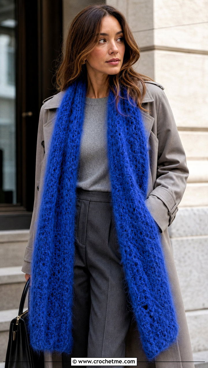 Longline Crochet Mohair Scarf With Trench Coat - 30 crochet mohair scarf outfit ideas