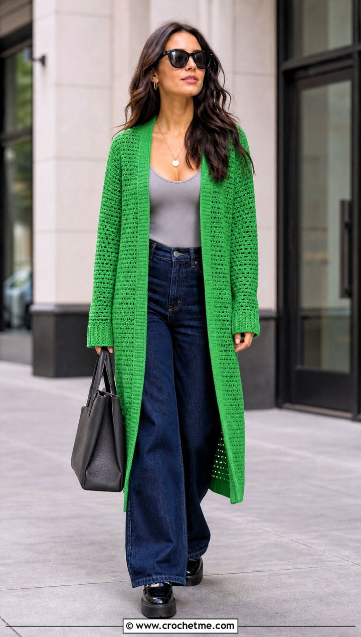 Longline Crochet One Piece Cardigan With Wide Leg Jeans - 30 crochet one piece cardigan outfit ideas