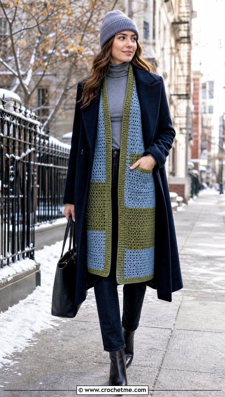 Longline Crochet Patched Cardigan With Turtleneck And Jeans - 20 Crochet Patched Cardigan outfit ideas