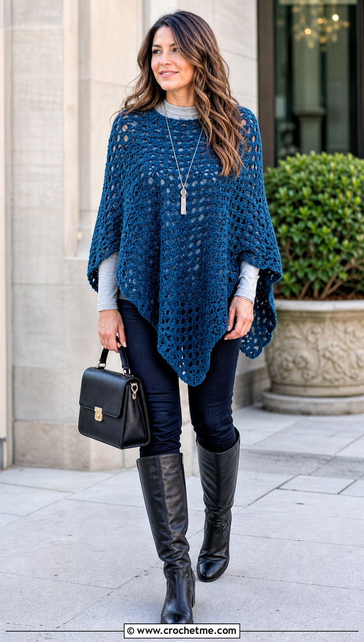 Longline Crochet Poncho Sweater With Skinny Jeans - 35 crochet poncho sweater outfit ideas