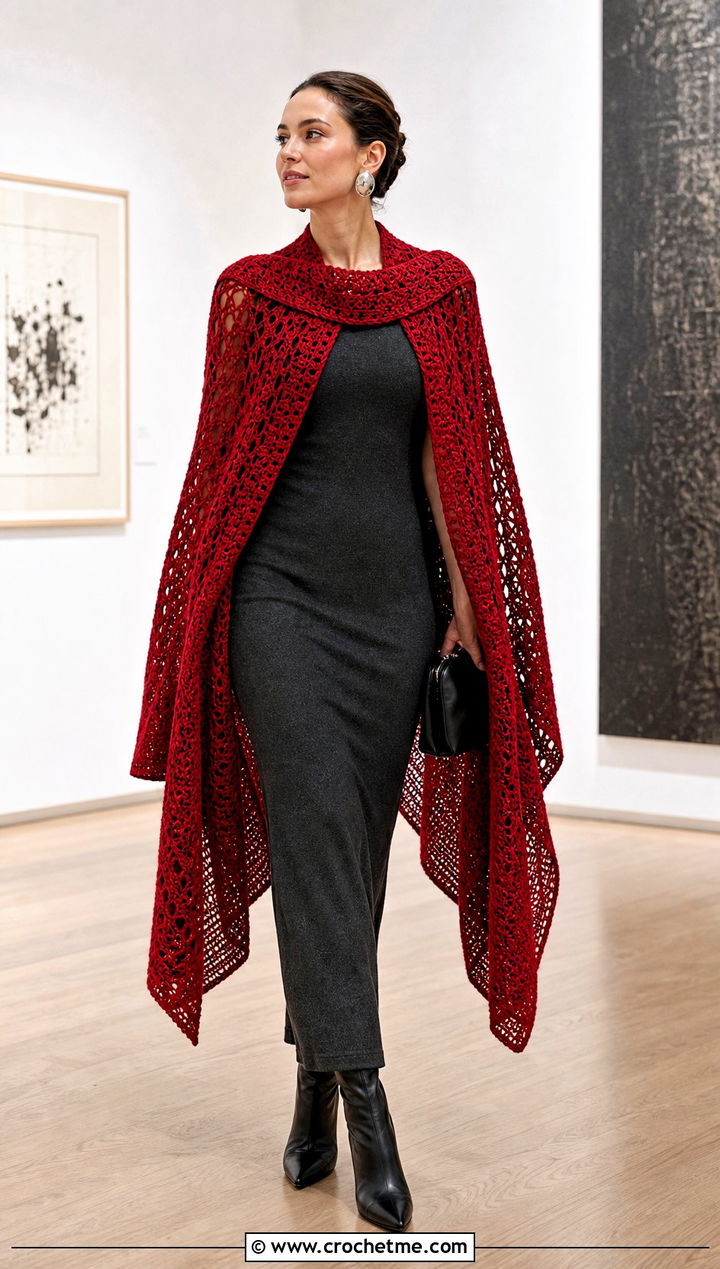 Longline Crochet Poncho With Column Dress - 25 ladies crochet poncho outfit ideas
