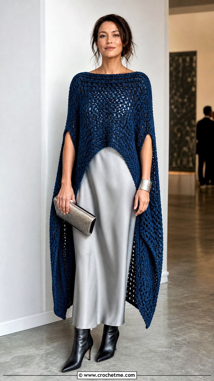 Longline Crochet Poncho With Column Dress - 35 easy crochet poncho outfit ideas