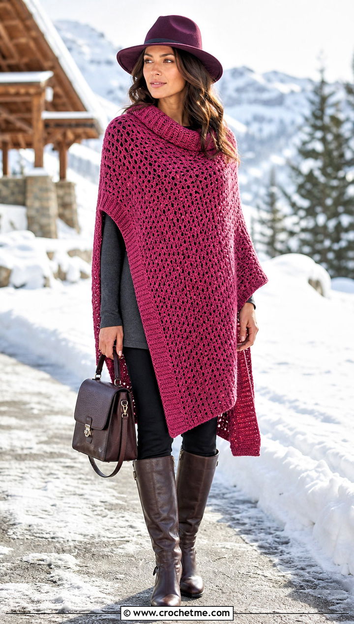 Longline Crochet Poncho With Leggings And Riding Boots - 30 woman winter crochet poncho outfit ideas