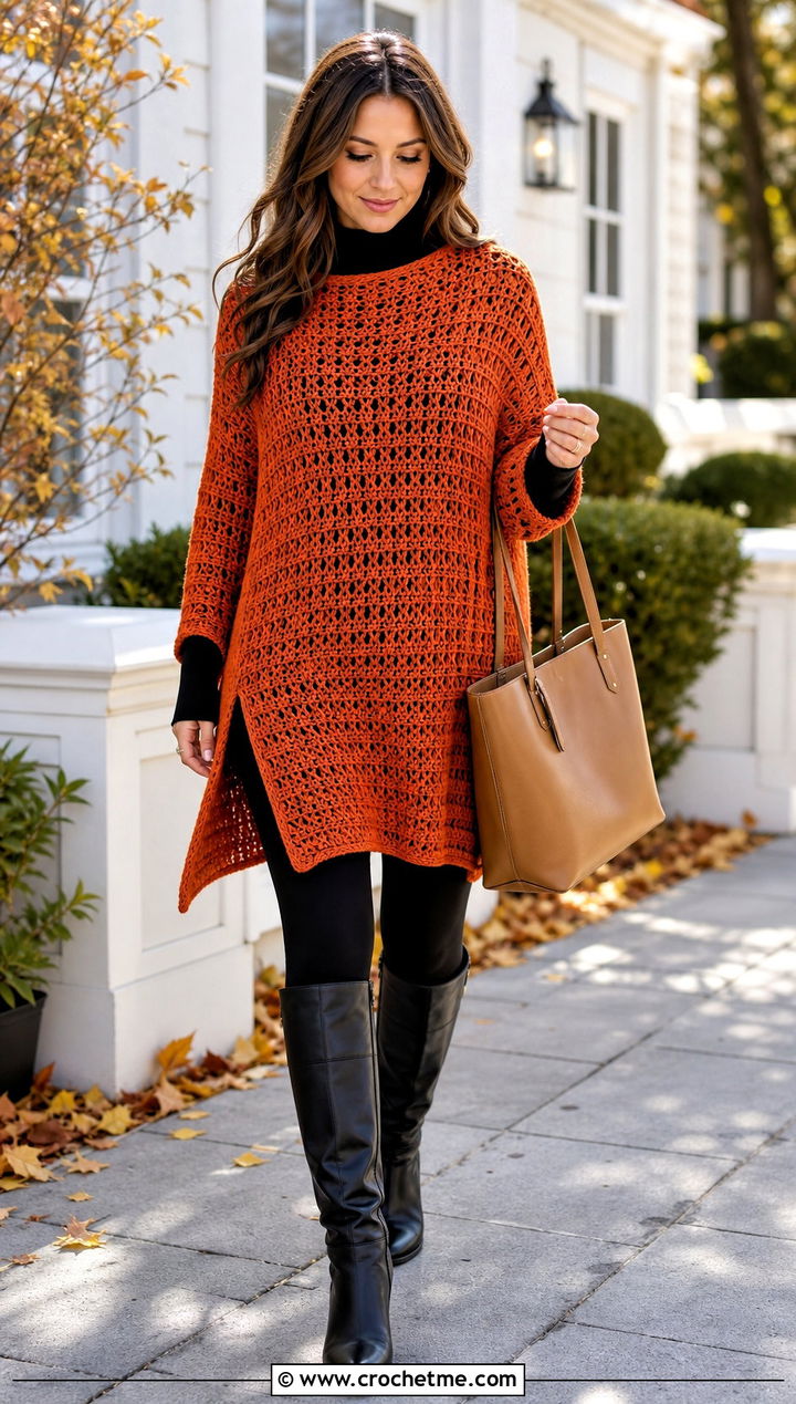 Longline Crochet Poncho With Sleeves And Leggings - 30 crochet poncho with sleeves outfit ideas