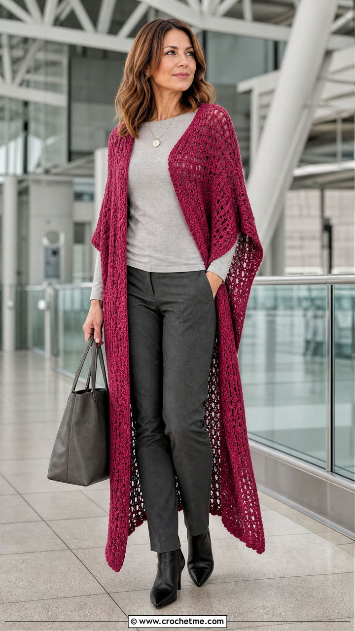 Longline Crochet Poncho With Slim Trousers - 35 easy crochet poncho woman outfit ideas