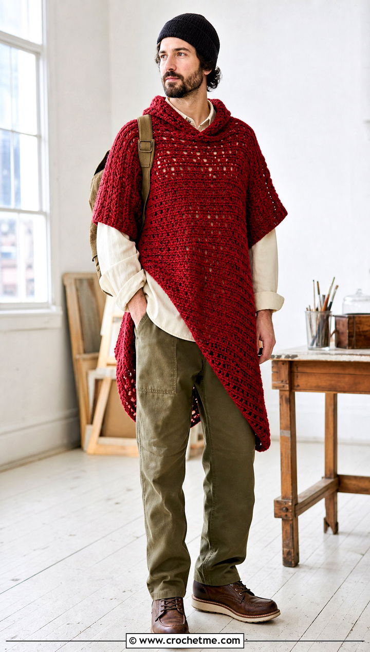 Longline Crochet Poncho With Workwear Pants - 30 men crochet poncho outfit ideas