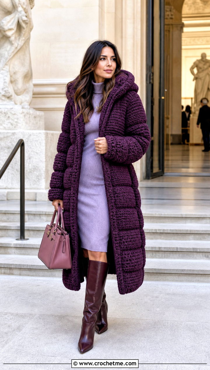 Longline Crochet Puffer Jacket With Sweater Dress - 35 crochet puffer jacket outfit ideas