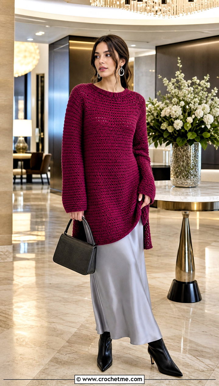 Longline Crochet Raglan Sweater With Slip Skirt - 35 crochet raglan sweater outfit ideas