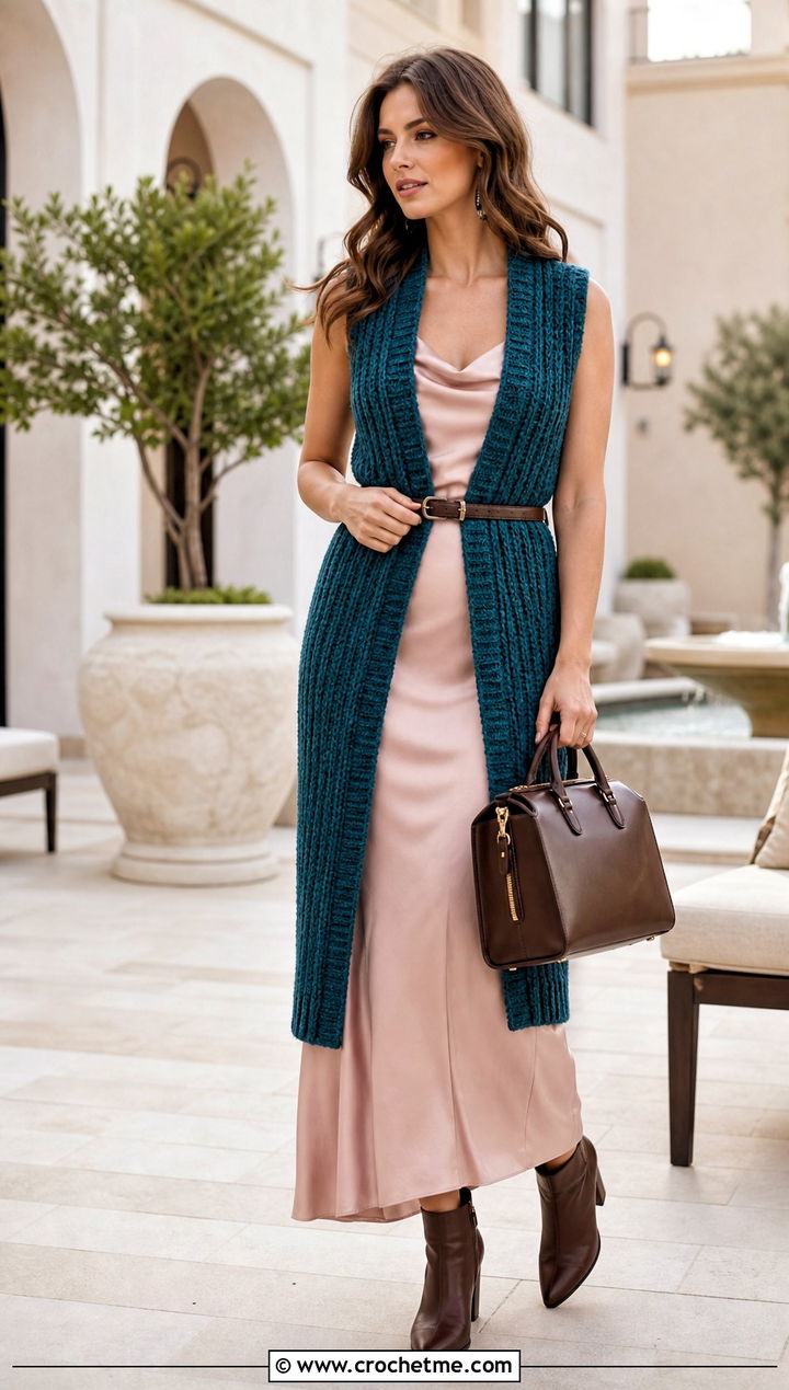 Longline Crochet Ribbed Vest Over A Slip Dress - 20 crochet ribbed vest outfit ideas
