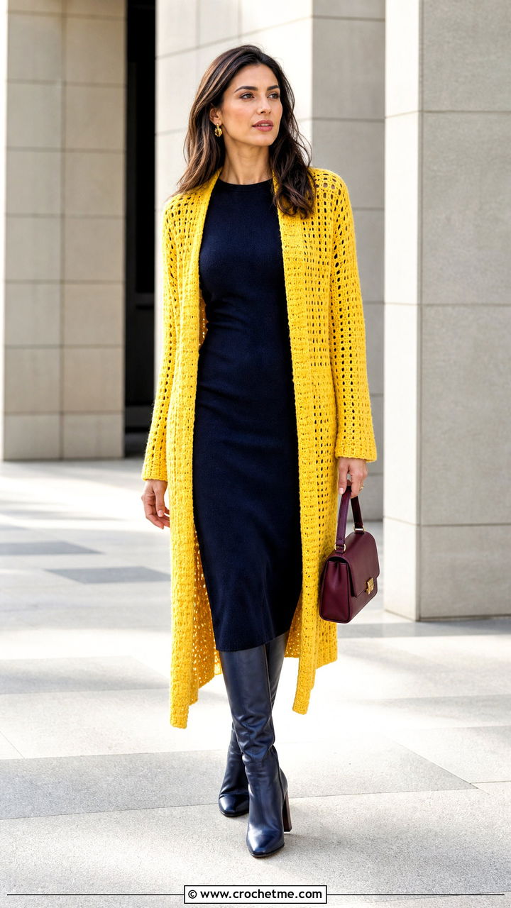 Longline Crochet Ruana With Column Dress - 35 crochet ruana outfit ideas