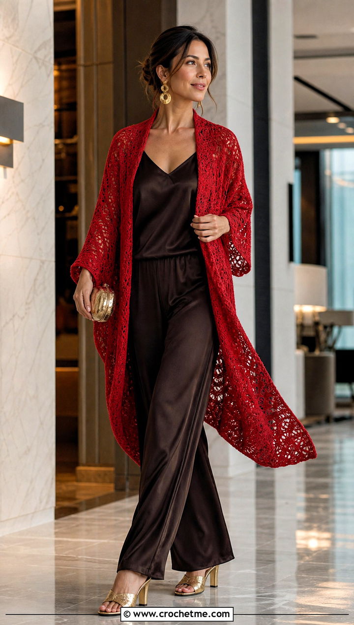 Longline Crochet Ruana With Satin Camisole And Palazzo Pants - 15 easy crochet ruana outfit ideas