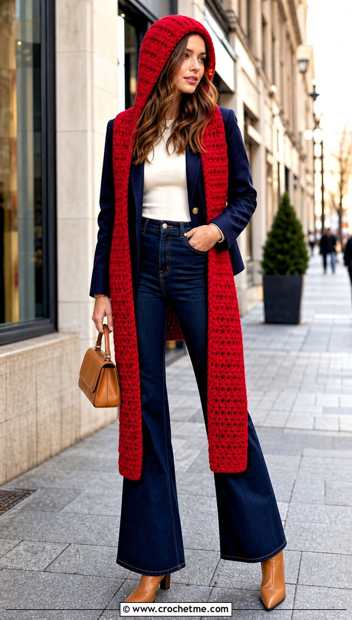 Longline Crochet Scarf Hood With Flare Jeans - 30 crochet scarf hood outfit ideas