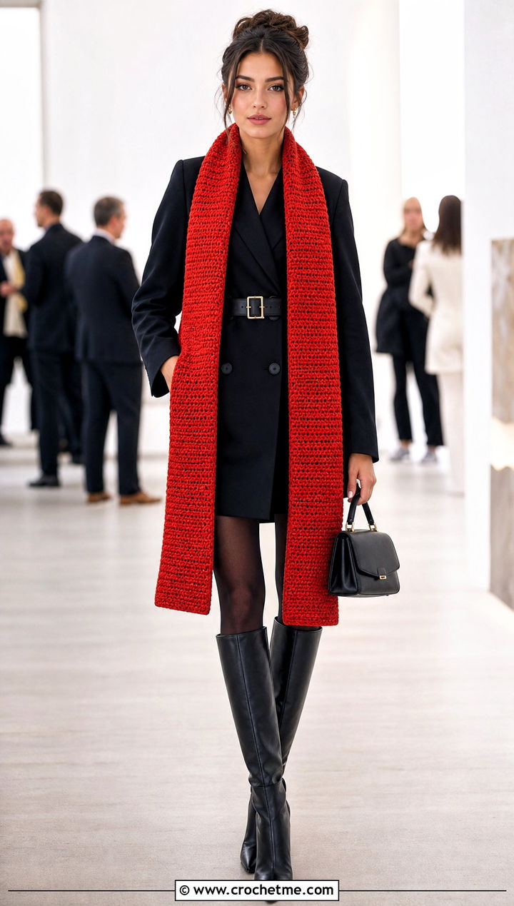 Longline Crochet Scarf With Blazer Dress - 35 cute crochet scarf outfit ideas
