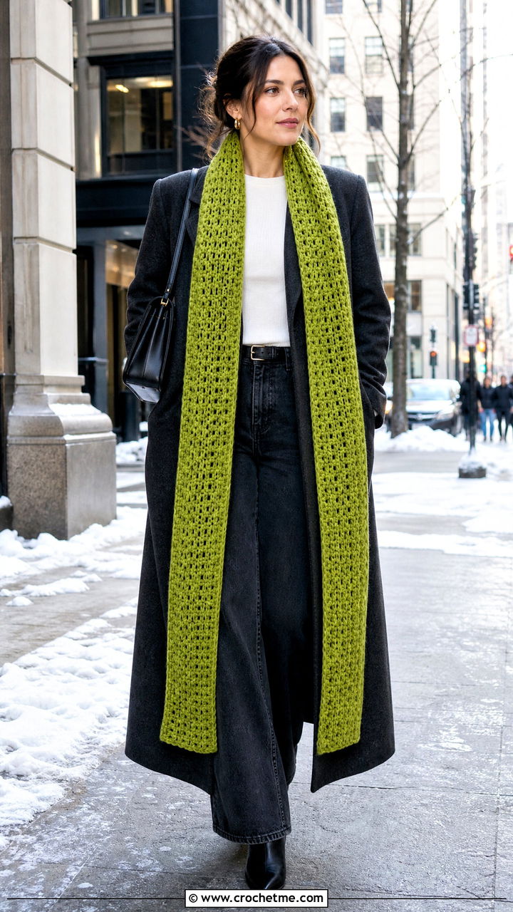 Longline Crochet Scarf With Maxi Coat - 35 easy crochet scarves outfit ideas