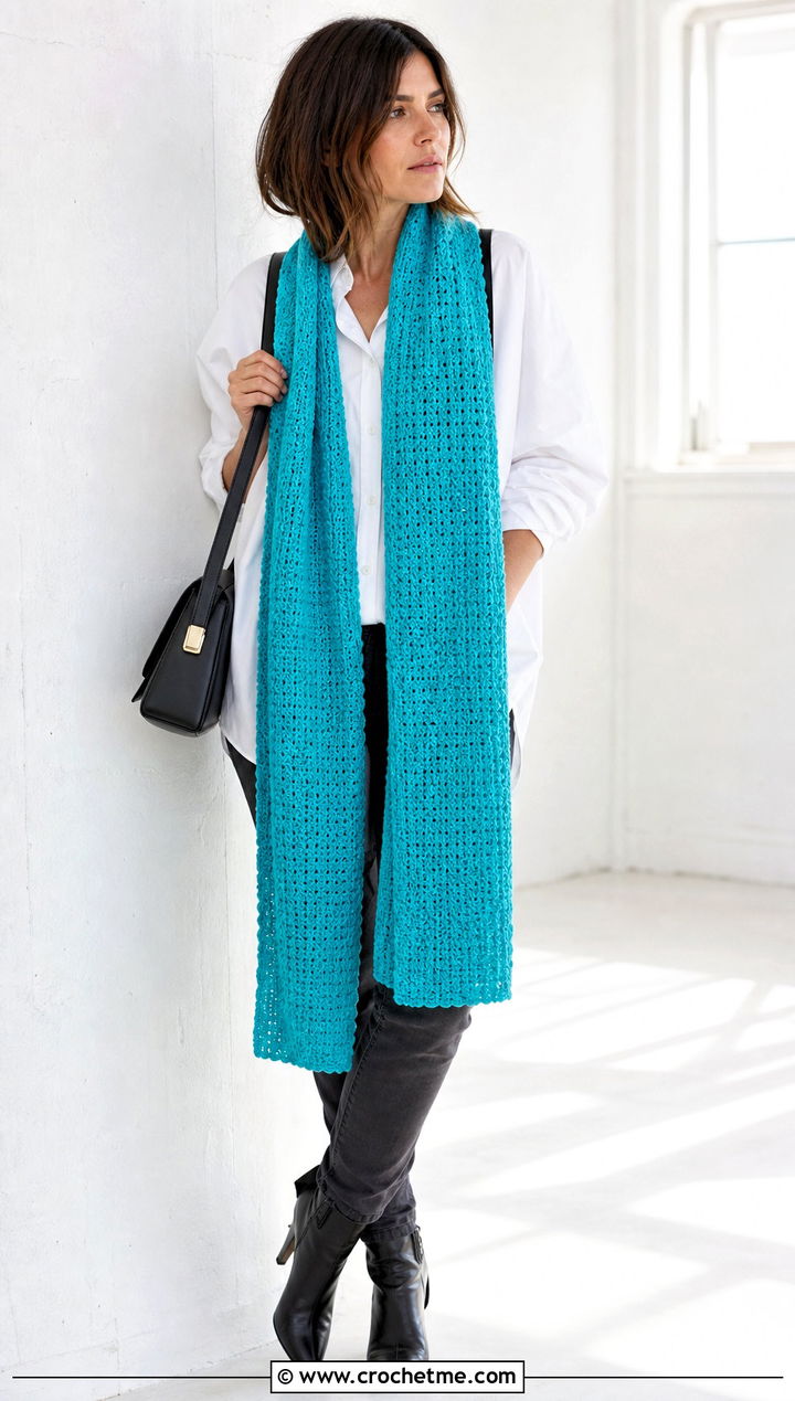 Longline Crochet Scarf With Oversized Shirt - 25 crochet for scarfs outfit ideas