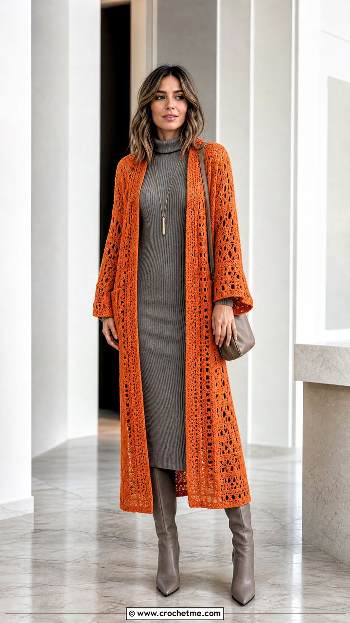 Longline Crochet Scarf With Sleeves And Knit Midi Dress - 35 crochet scarf with sleeves outfit ideas
