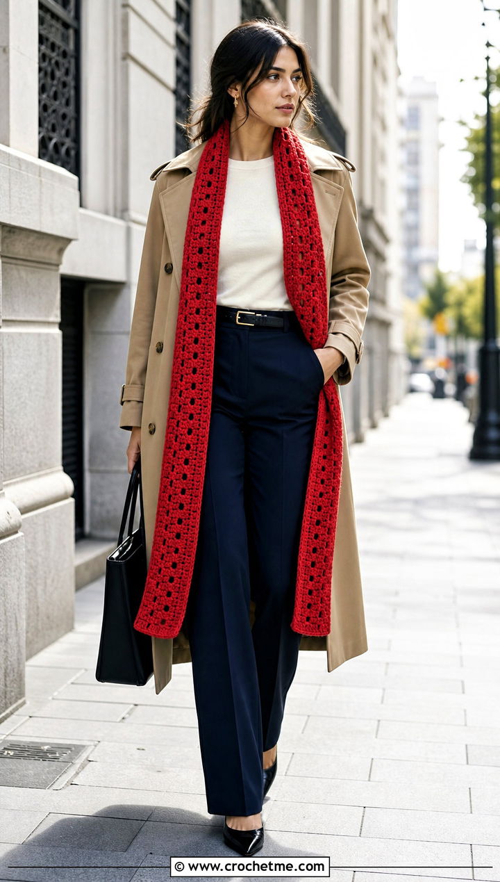 Longline Crochet Scarf With Trench And Trousers - 35 crocheted scarf outfit ideas