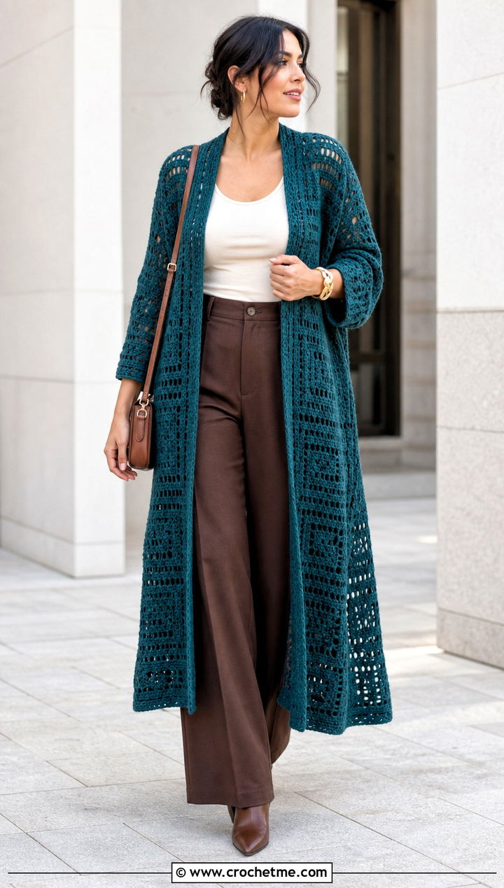 Longline Crochet Shawl Cardigan With Wide Leg Pants - 25 crochet shawl sweater outfit ideas
