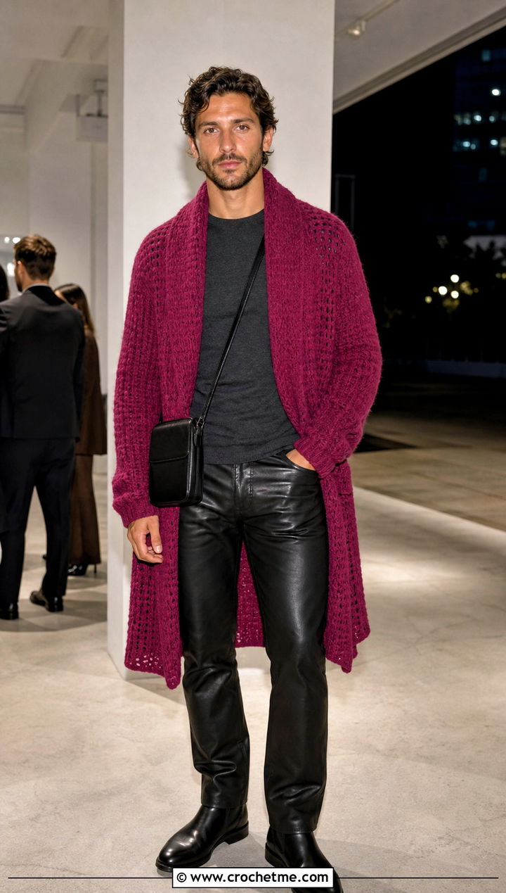 Longline Crochet Shawl Collar Cardigan With Leather Pants - 20 Mens Crochet Shawl Collar Cardigan outfit ideas