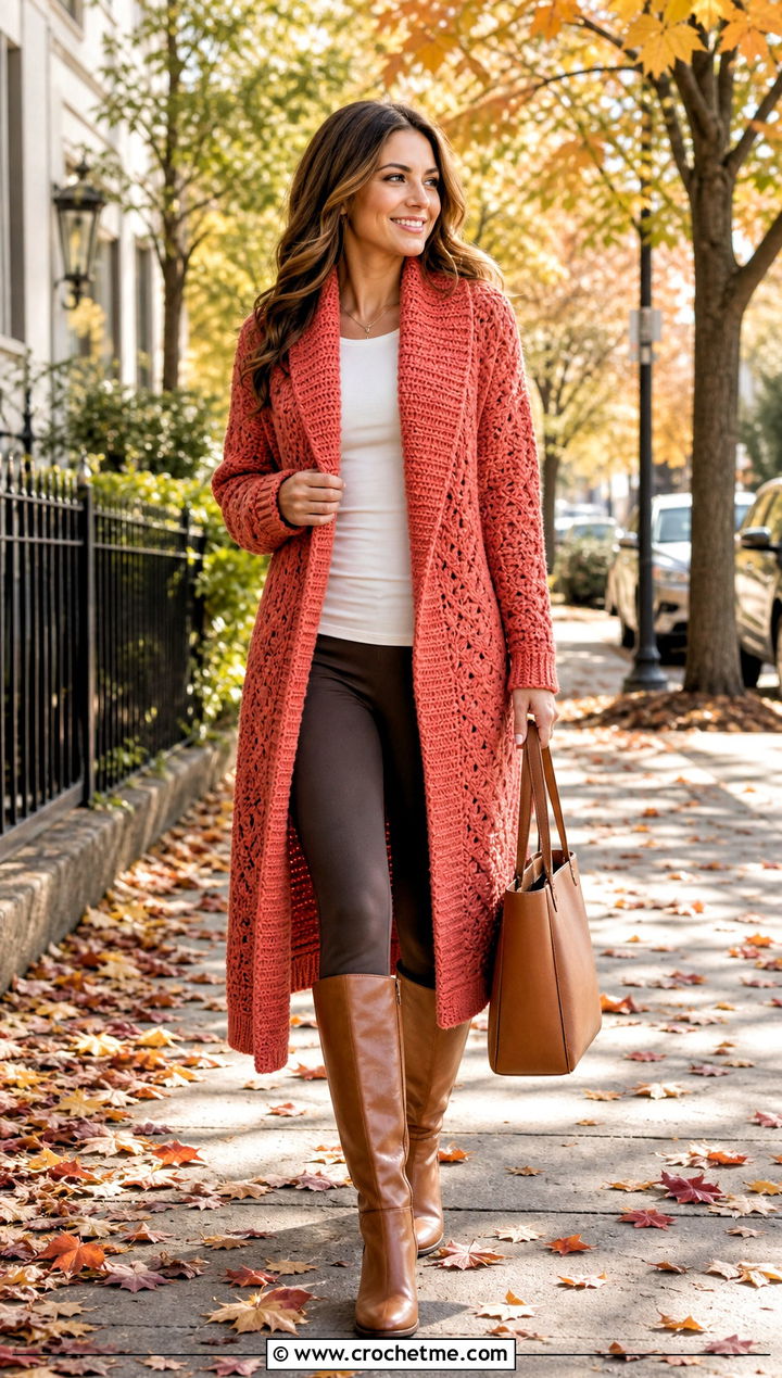 Longline Crochet Shawl Collar Sweater With Leggings - 35 crochet sweater with collar outfit ideas