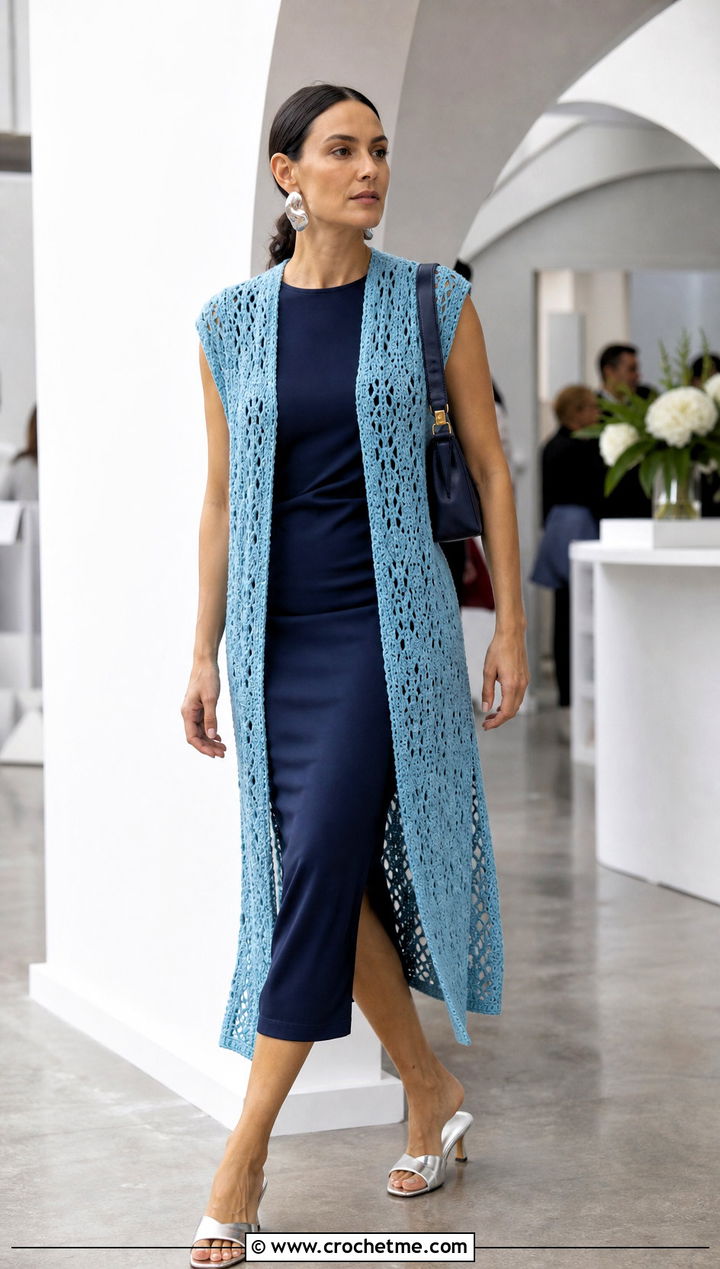 Longline Crochet Shawl Vest With Column Dress - 25 crochet shawl vest outfit ideas