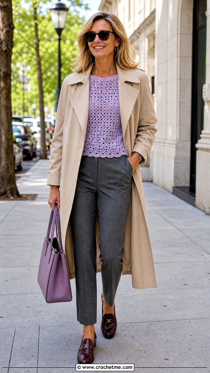 Longline Crochet Shell Top With Trench Coat - 35 crocheted tops outfit ideas