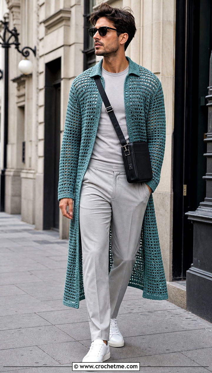 Longline Crochet Shirt With Monochrome Layers - 35 crochet man shirt outfit ideas