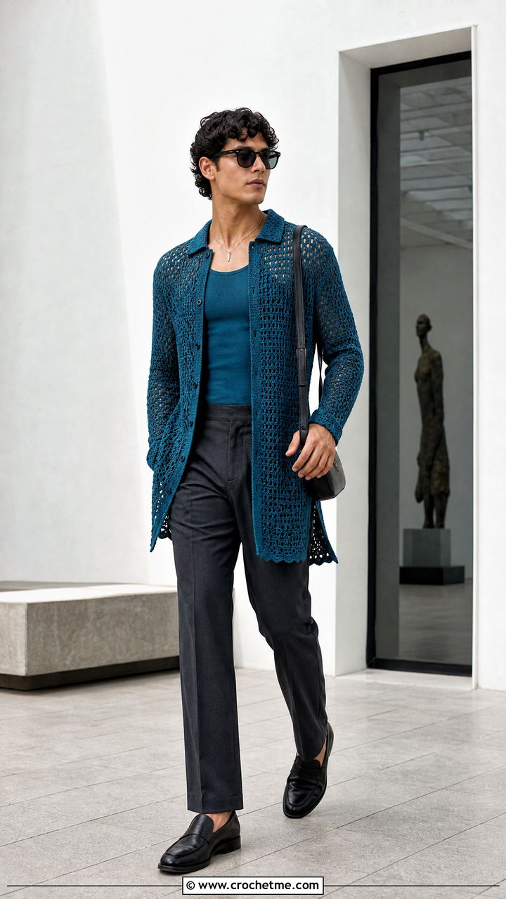 Longline Crochet Shirt With Slim Trousers And Loafers - 35 crochet shirt men outfit ideas