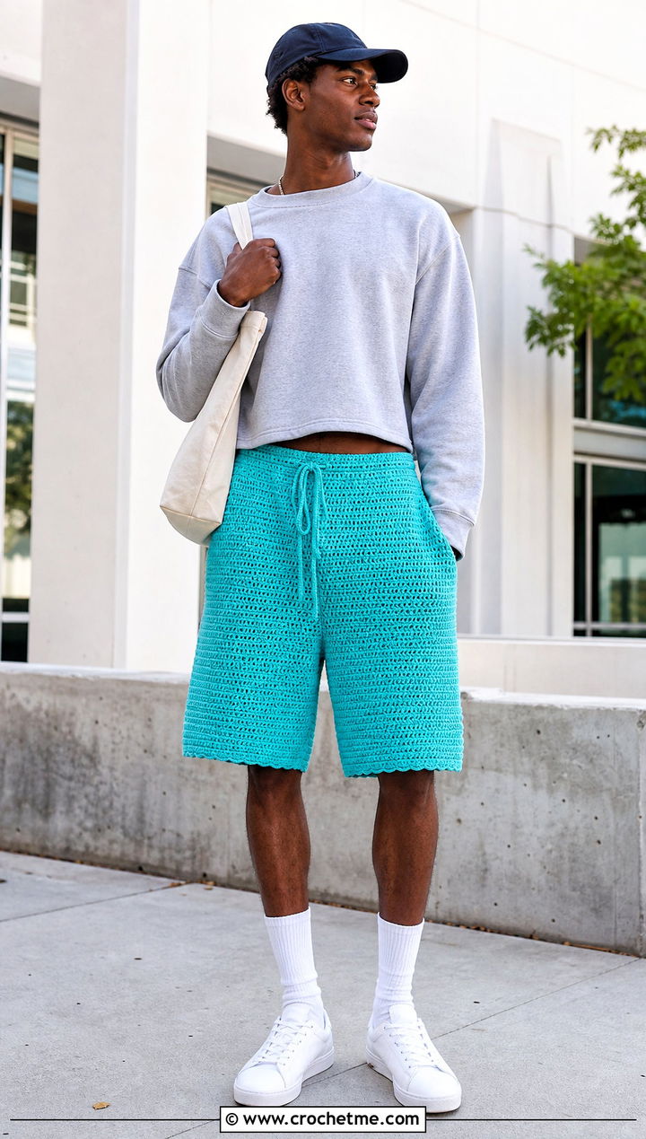 Longline Crochet Shorts With Boxy Sweatshirt - 25 Crochet Shorts Mens outfit ideas