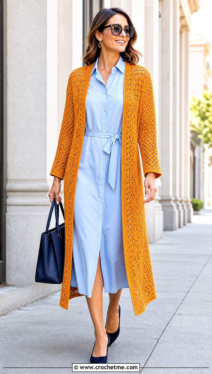 Longline Crochet Shrug Cardigan With Shirt Dress - 25 Crochet Shrug Cardigan outfit ideas