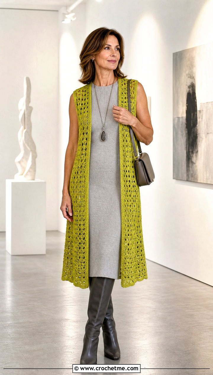 Longline Crochet Shrug Vest With Knit Column Outfit - 15 crochet shrug vest outfit ideas