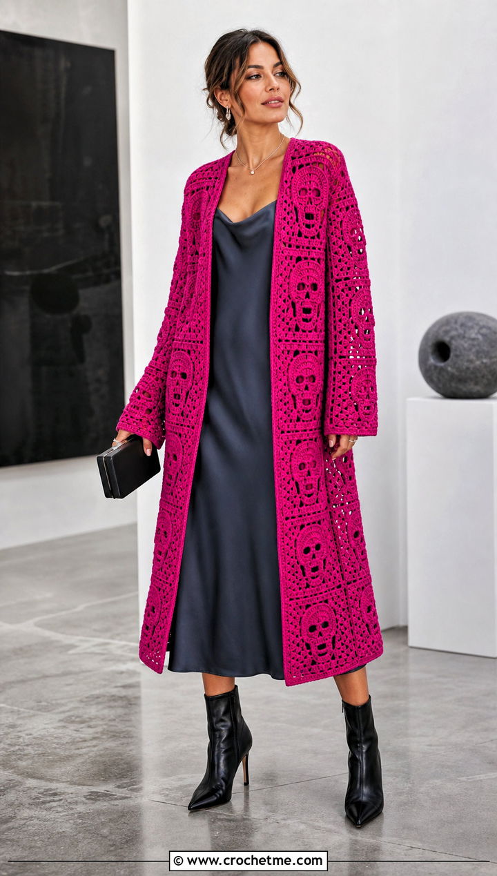 Longline Crochet Skull Granny Square Cardigan With A Satin Slip Dress - 25 crochet skull granny square cardigan outfit ideas
