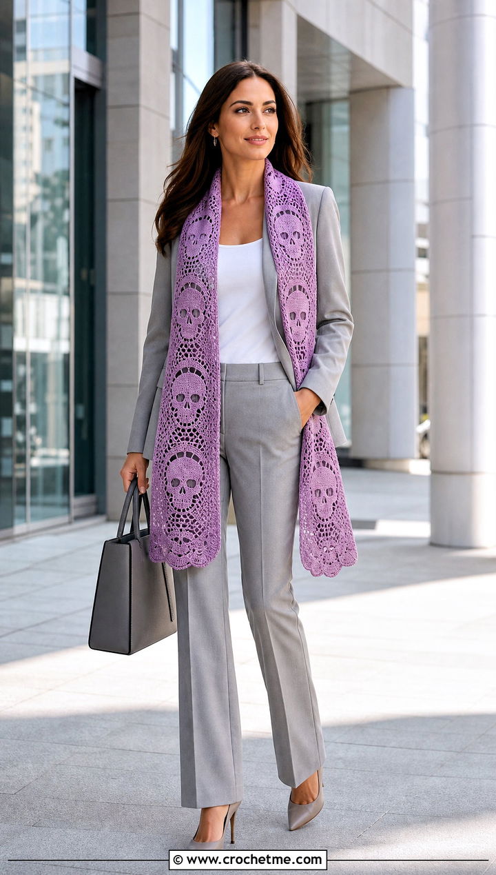 Longline Crochet Skull Stole With a Monochrome Pantsuit - 35 crochet skull shawl outfit ideas