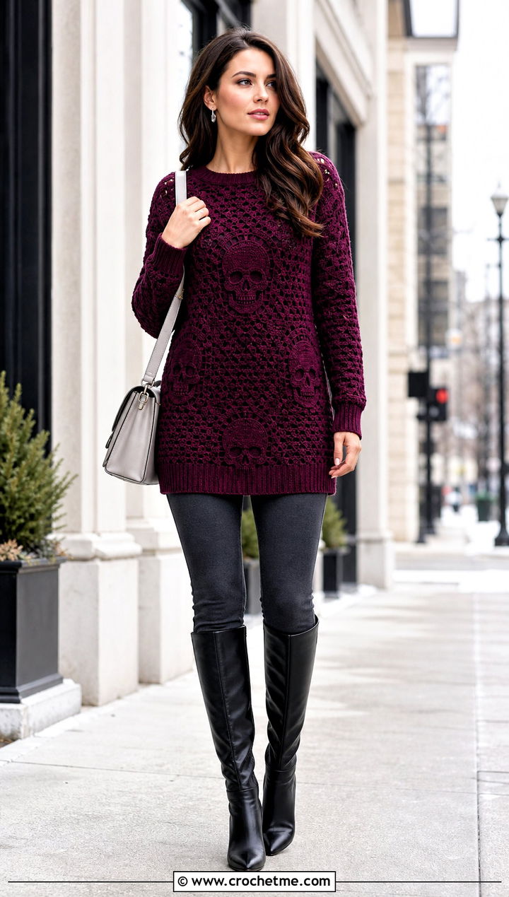 Longline Crochet Skull Sweater With Knee High Boots - 35 crochet skull sweater outfit ideas